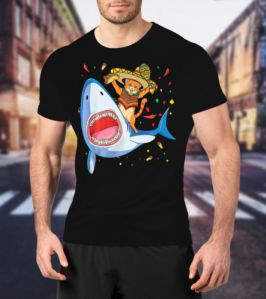 Funny Taco Cat Riding Shark Cinco De Mayo Sombrero T-Shirt