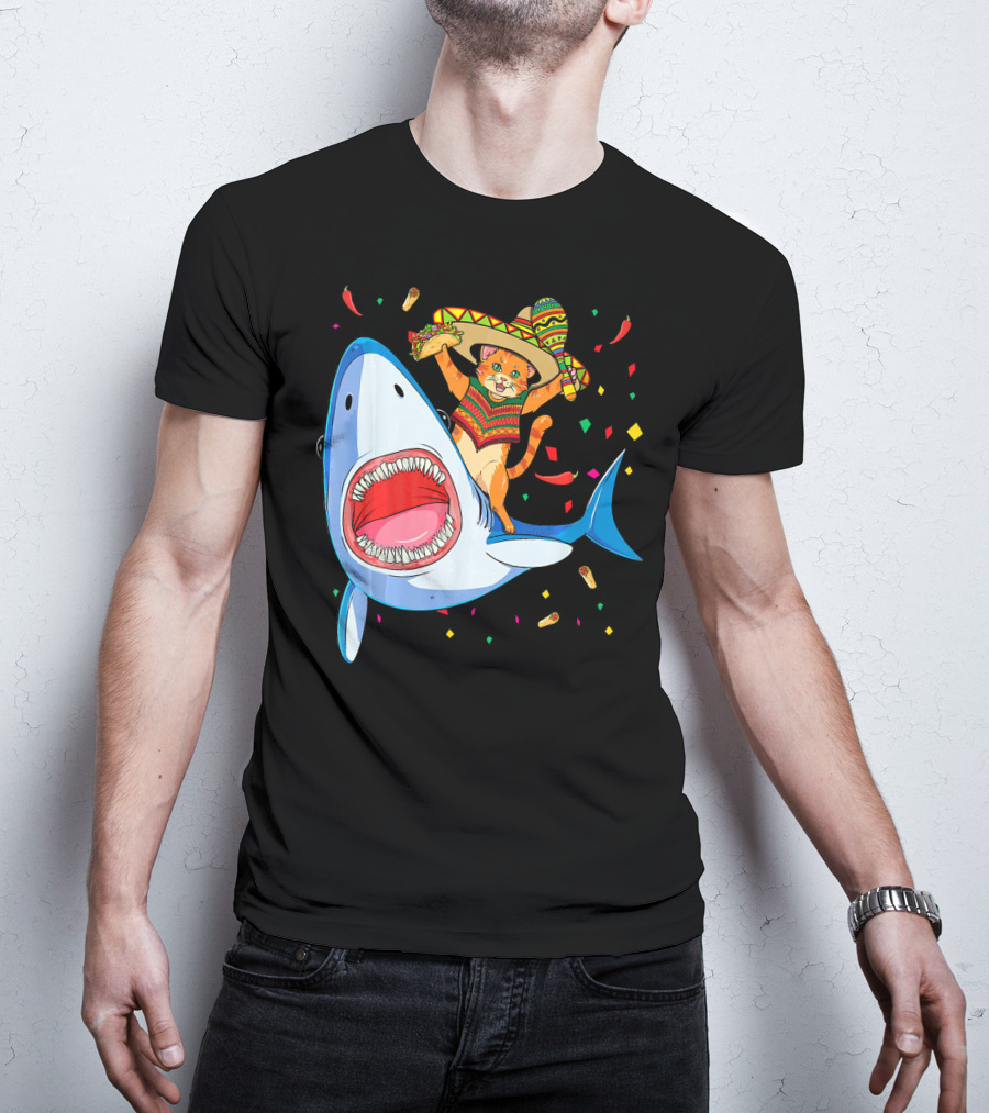 Funny Taco Cat Riding Shark Cinco De Mayo Sombrero T-Shirt