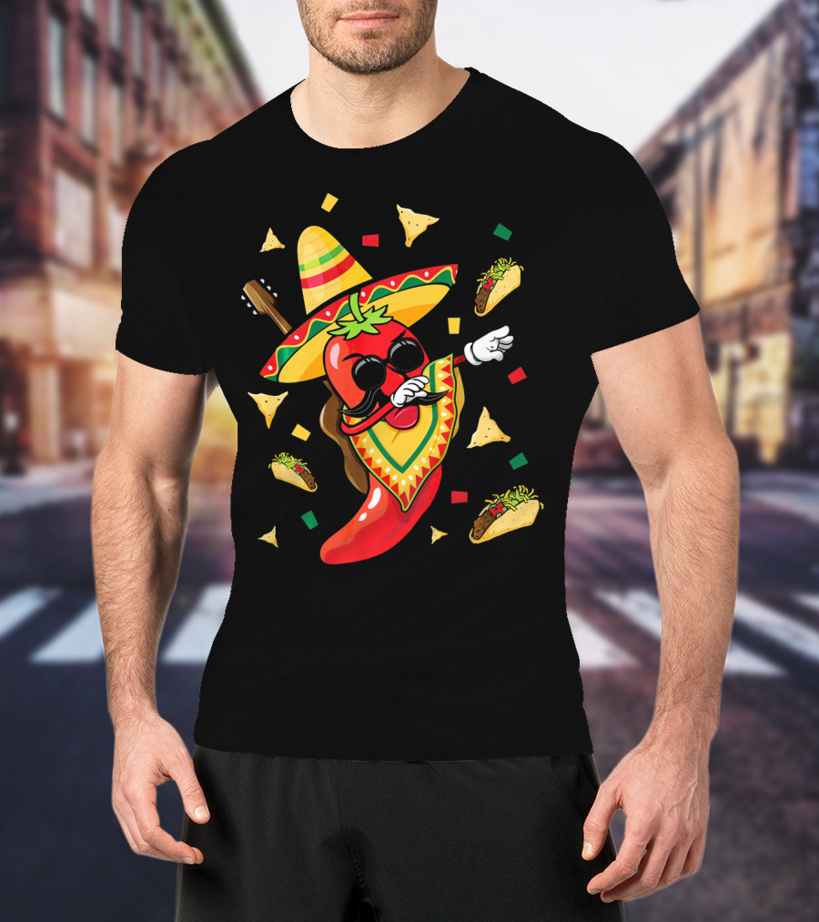 Mexican Sombrero Dabbing Jalapeno With Tacos And Nachos Fiesta Explosion T-Shirt