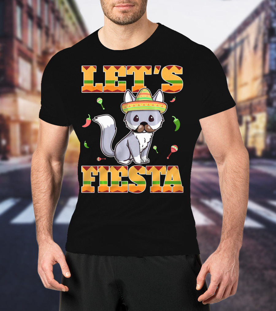 Let's Fiesta Kitty Cat Cinco De Mayo Mexi Sombrero Peppers Maracas T-Shirt