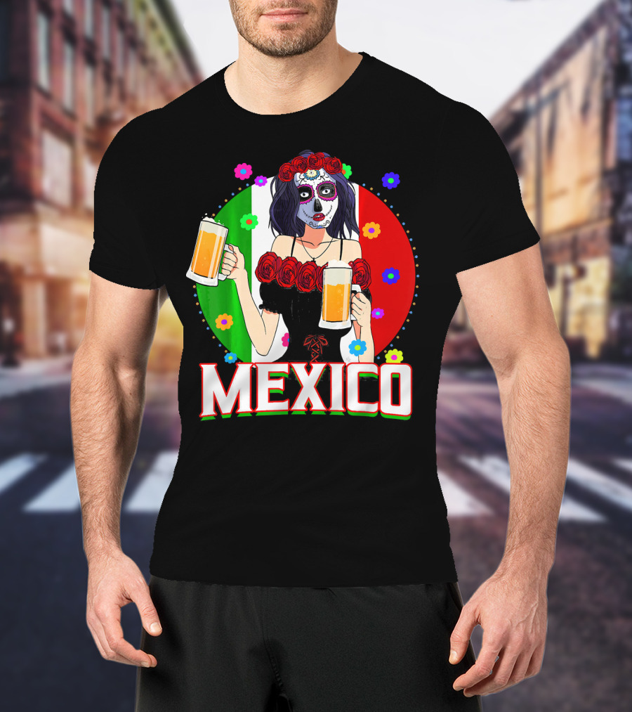 Cinco De Mayo Sugar Skull Woman Holding Beers Mexico Flag T-Shirt