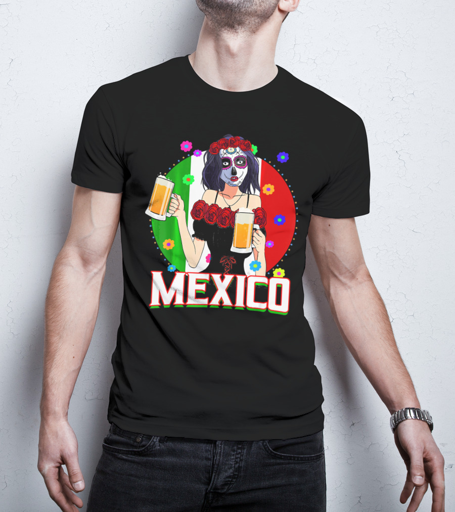 Cinco De Mayo Sugar Skull Woman Holding Beers Mexico Flag T-Shirt