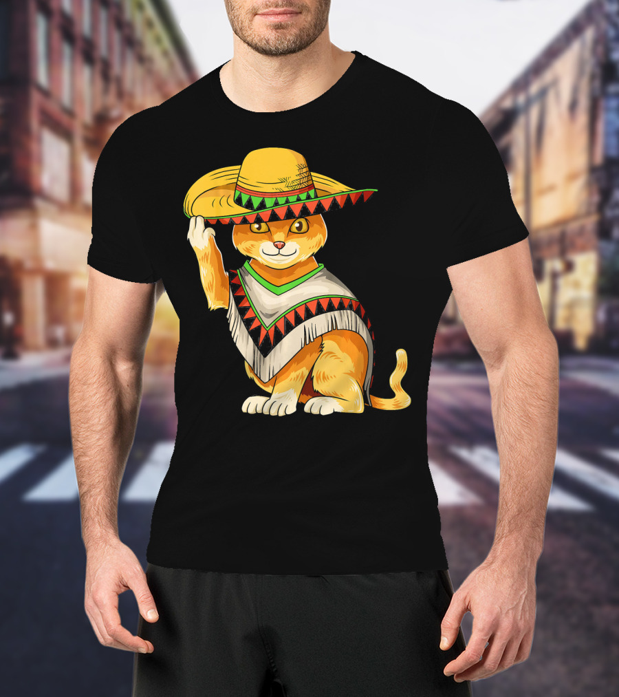 Mexican Cat Cinco De Mayo Cat Poncho Sombrero Fiesta T-Shirt