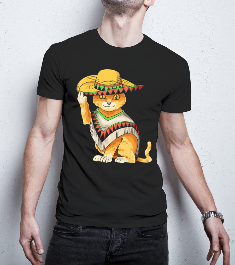 Mexican Cat Cinco De Mayo Cat Poncho Sombrero Fiesta T-Shirt