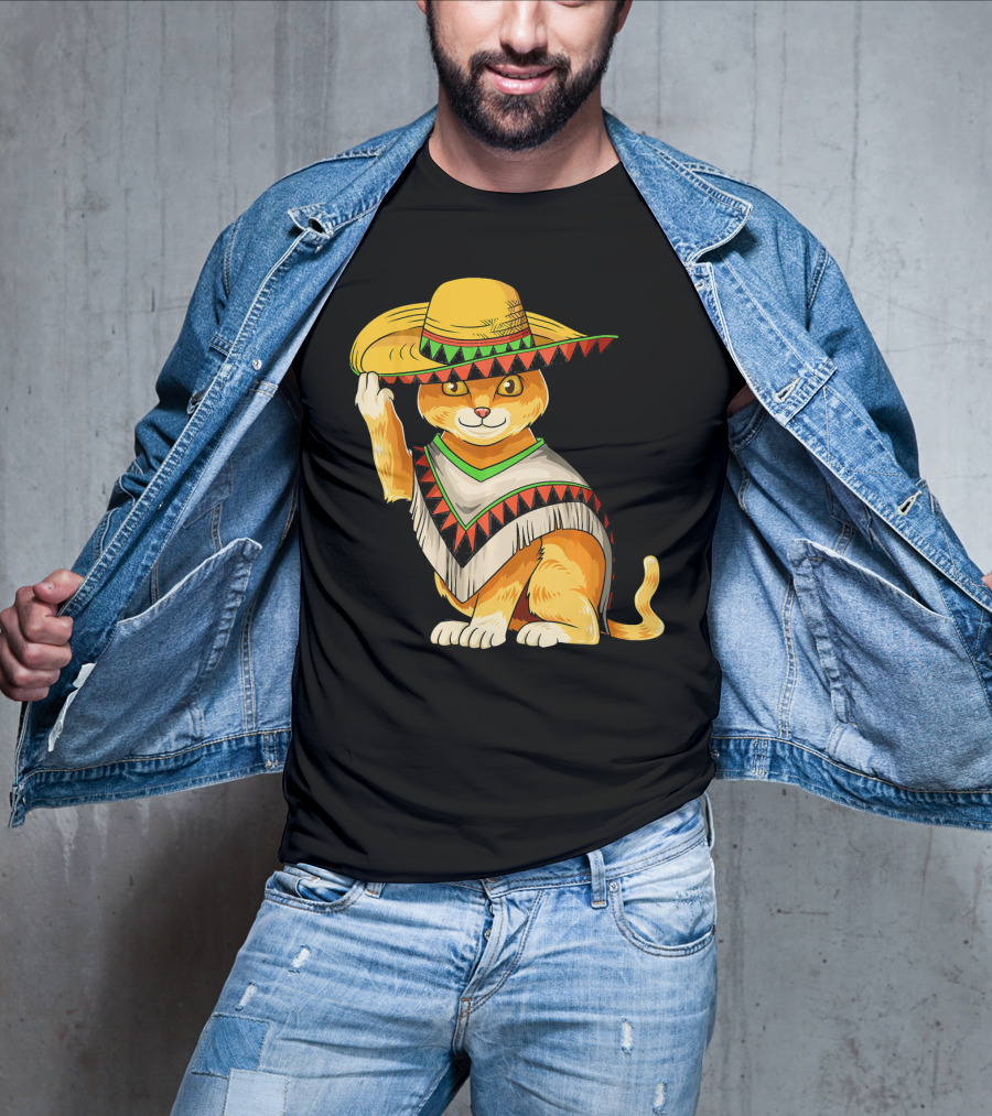 Mexican Cat Cinco De Mayo Cat Poncho Sombrero Fiesta T-Shirt