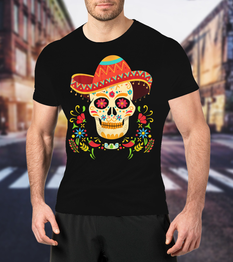 Day Of The Dead Skull Cinco De Mayo Sombrero Floral Fiesta T-Shirt