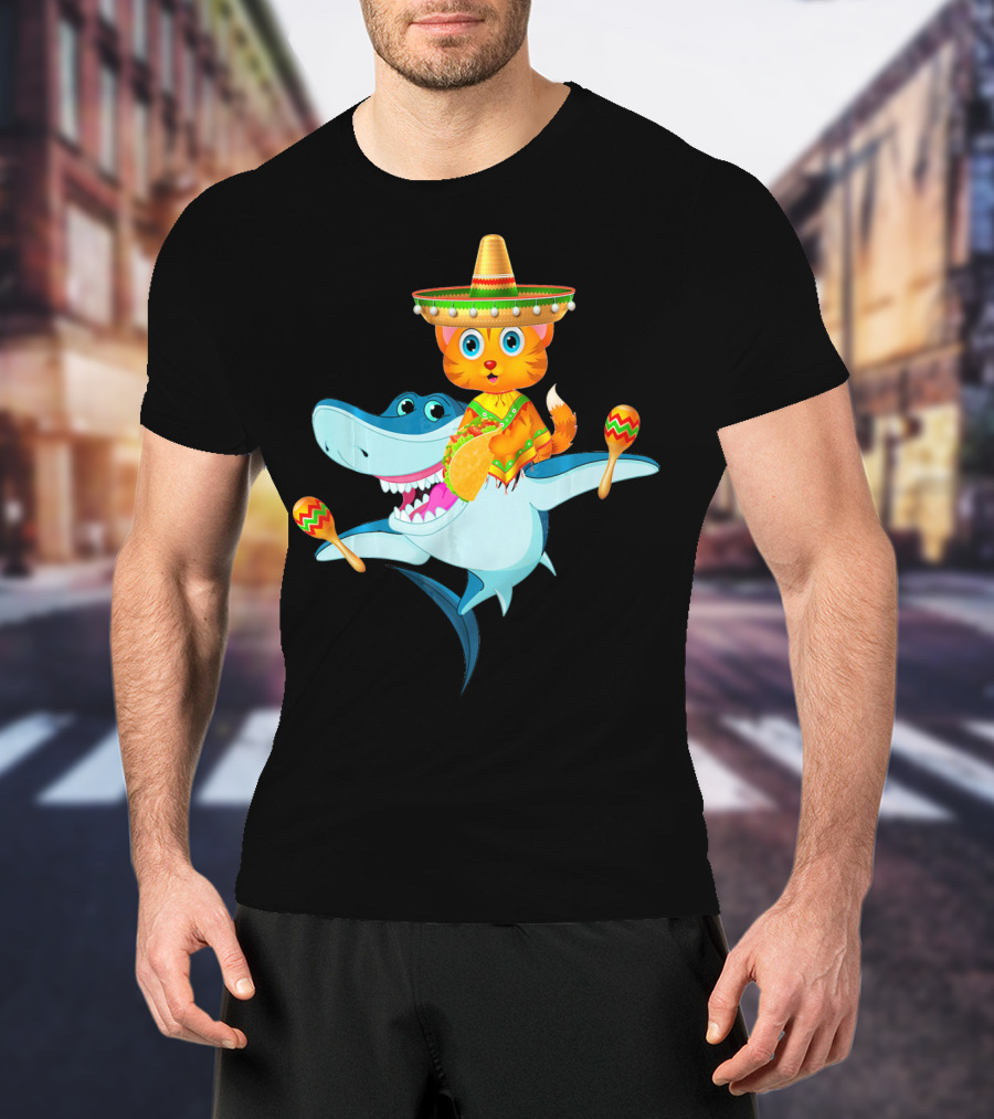 Funny Cinco De Mayo Cat Riding A Shark Sombrero Maracas Fiesta T-Shirt