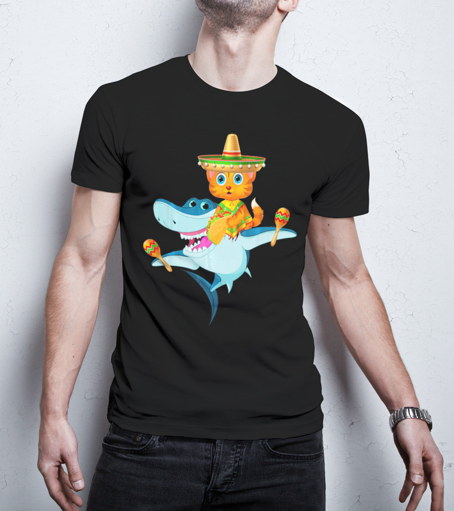 Funny Cinco De Mayo Cat Riding A Shark Sombrero Maracas Fiesta T-Shirt
