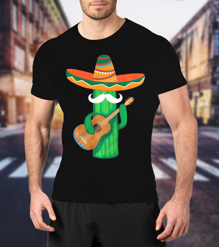 Mustache Cactus Sombrero Playing Guitar T-Shirt