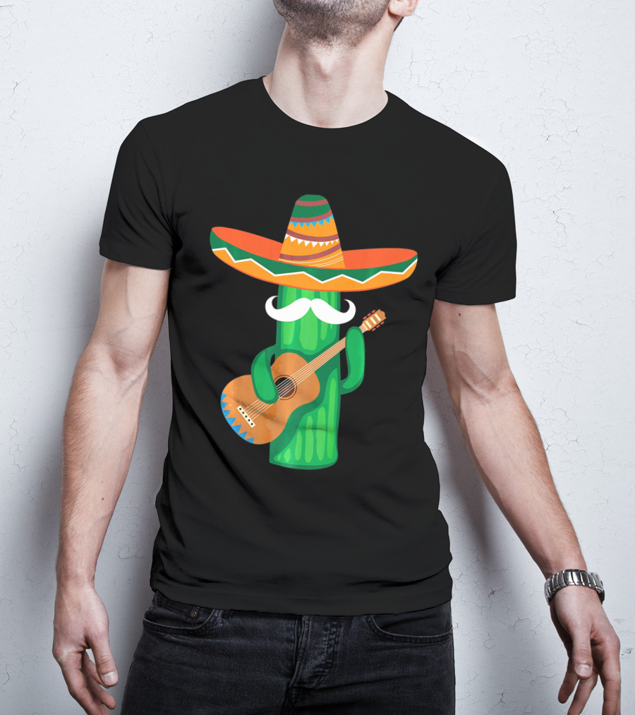 Mustache Cactus Sombrero Playing Guitar T-Shirt