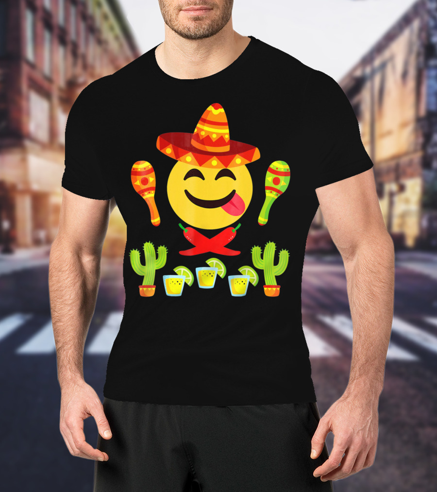 Cinco De Mayo Emoji Tongue Sombrero Cactus Maracas Peppers Lime Shots T-Shirt