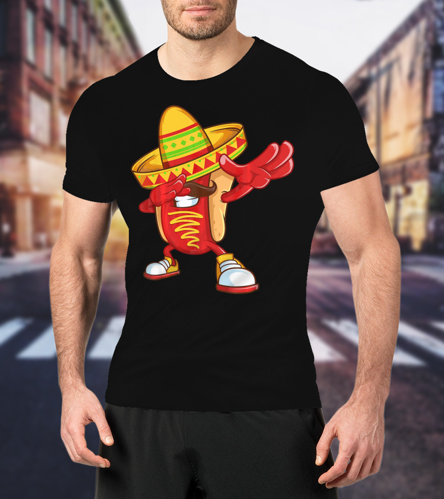 Funny Dabbing Hotdog Sombrero Mexican Cinco De Mayo T-Shirt