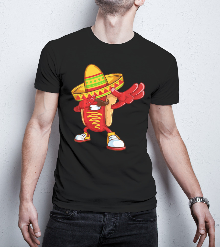 Funny Dabbing Hotdog Sombrero Mexican Cinco De Mayo T-Shirt