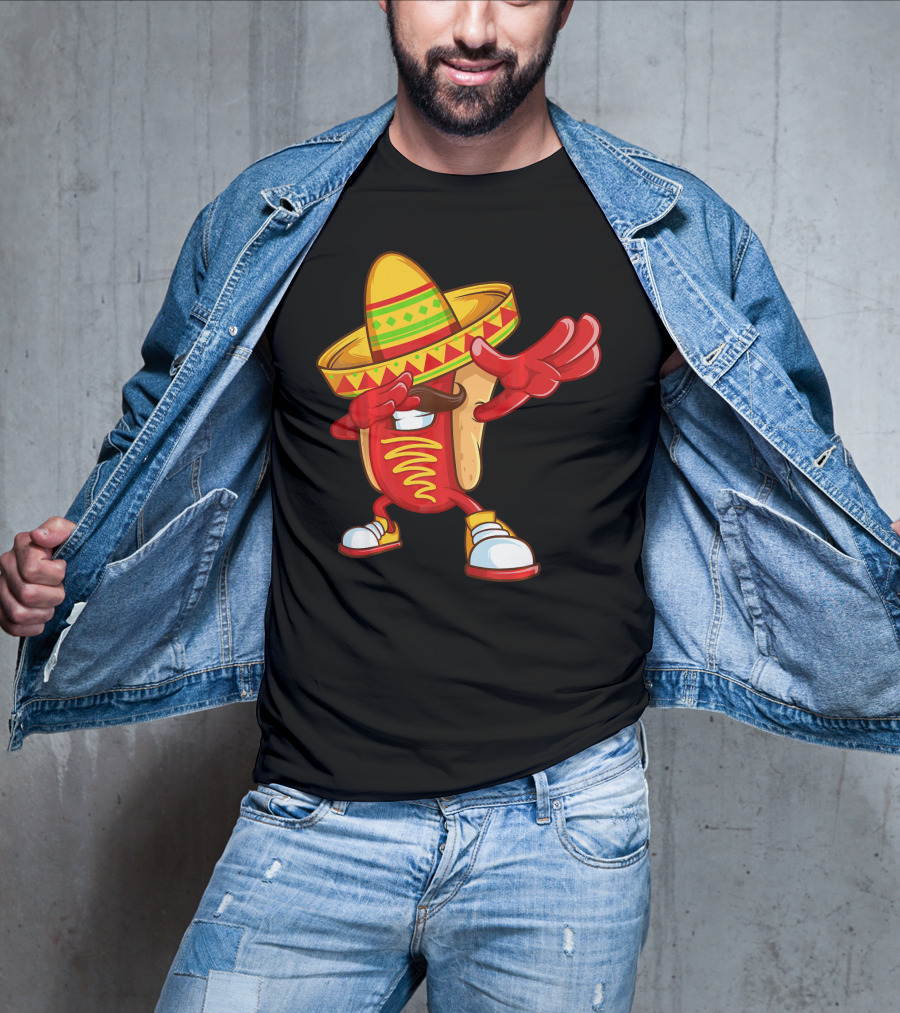 Funny Dabbing Hotdog Sombrero Mexican Cinco De Mayo T-Shirt