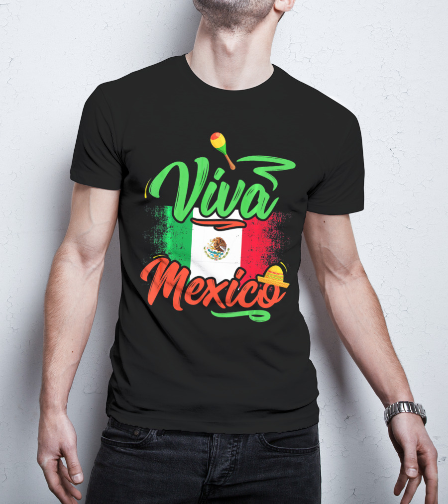 Viva Mexico Mexican Flag With Sombrero And Maraca Cinco De Mayo T-Shirt