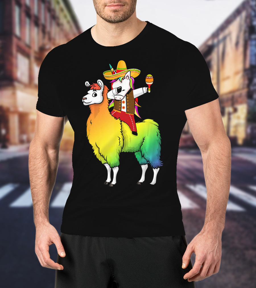 Unicorn Dabbing Riding Llama With Sombrero And Maracas Funny Cinco T-Shirt