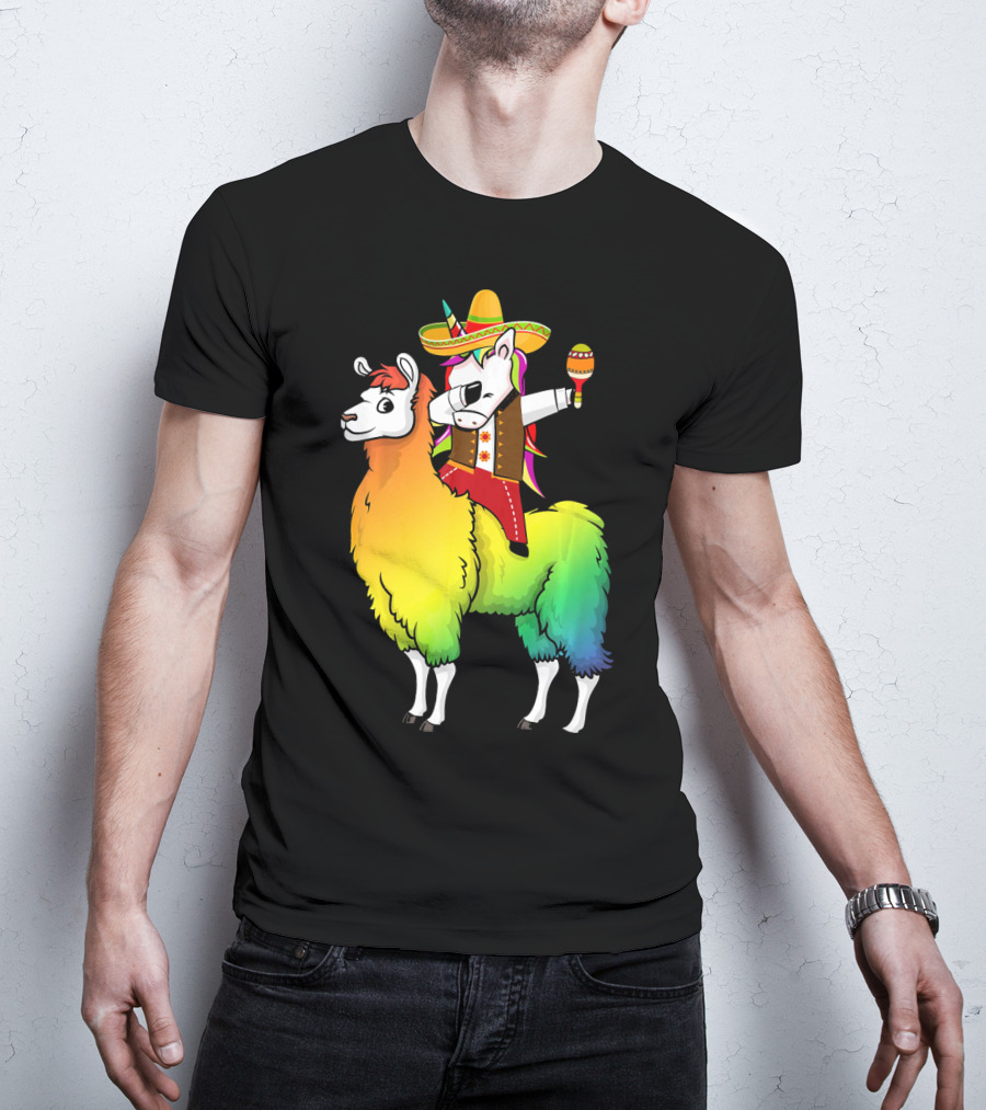 Unicorn Dabbing Riding Llama With Sombrero And Maracas Funny Cinco T-Shirt