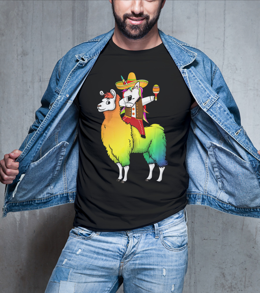 Unicorn Dabbing Riding Llama With Sombrero And Maracas Funny Cinco T-Shirt