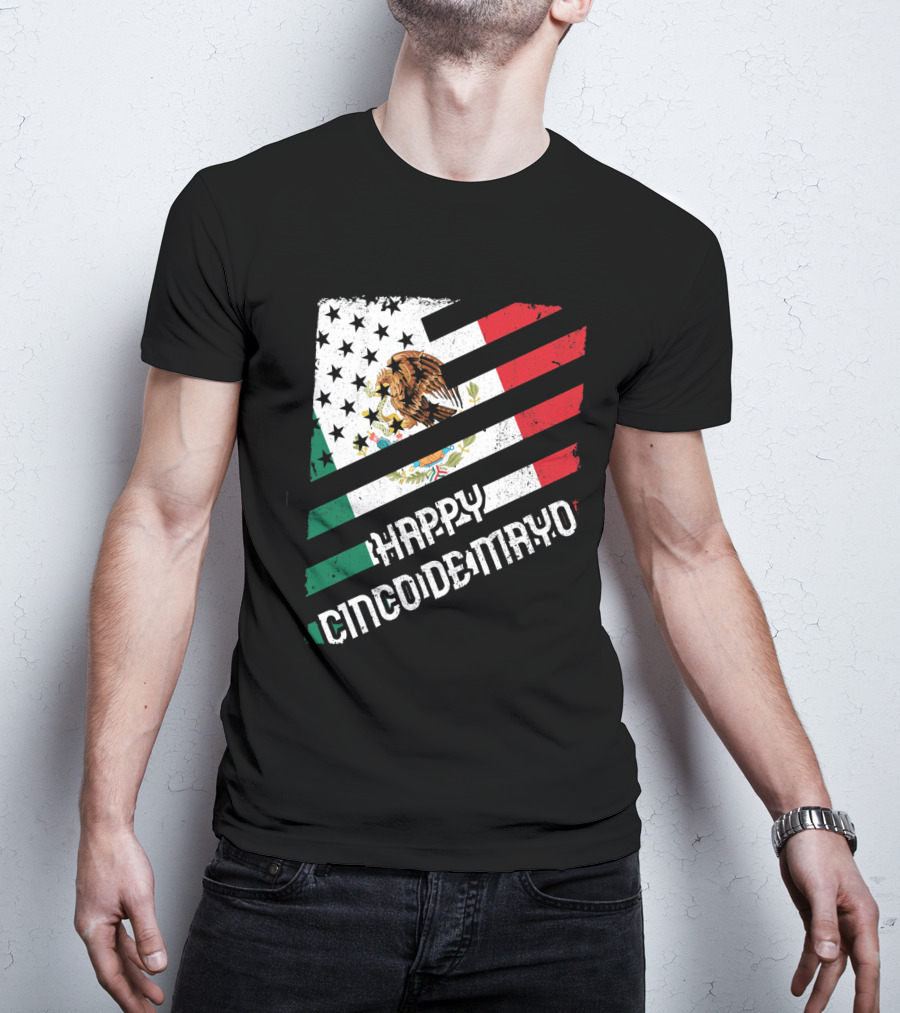 Cinco De Mayo Happy Mexico US Flag Eagle Stripes T-Shirt