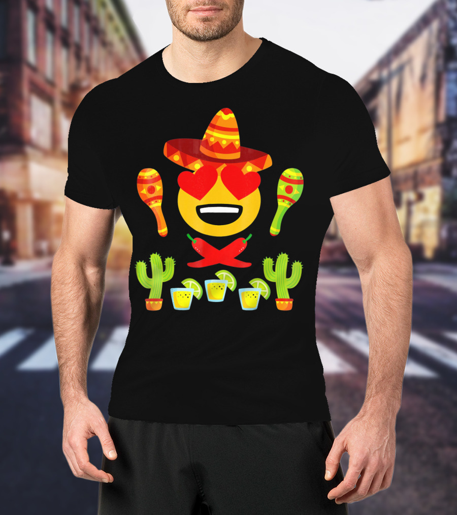 Fiesta Cinco De Mayo Emoji Heart Eyes Sombrero Maracas Cactus Peppers Margaritas T-Shirt