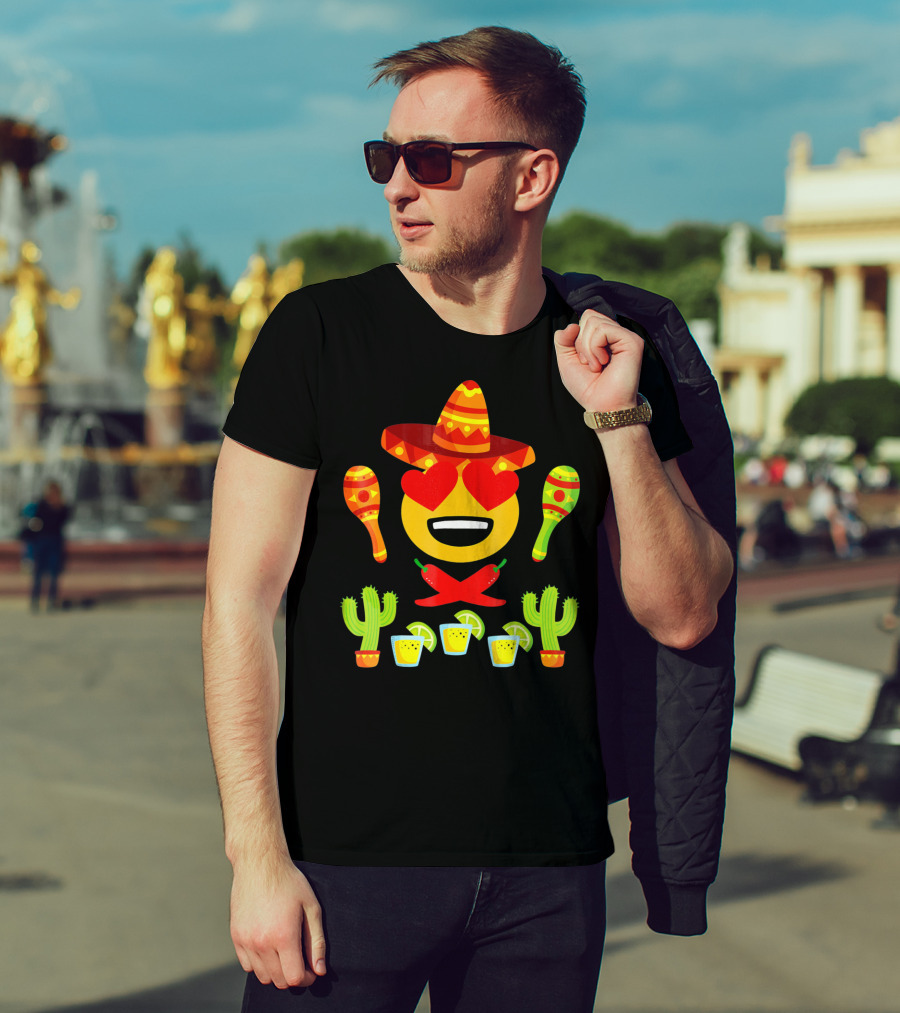 Fiesta Cinco De Mayo Emoji Heart Eyes Sombrero Maracas Cactus Peppers Margaritas T-Shirt