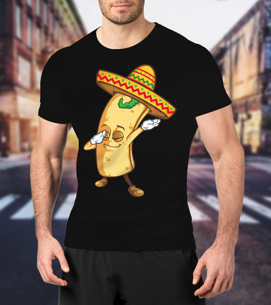 Funny Dabbing Burrito Mexican Cinco De Mayo Sombrero Cartoon T-Shirt