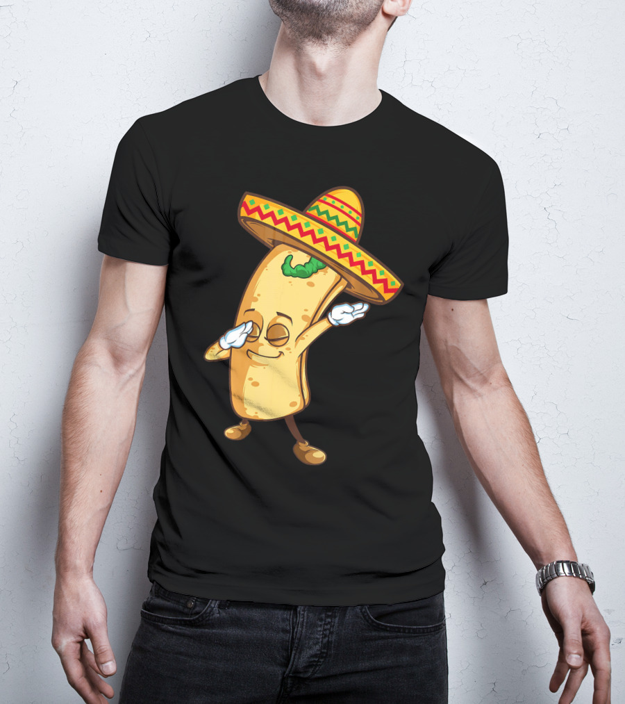 Funny Dabbing Burrito Mexican Cinco De Mayo Sombrero Cartoon T-Shirt