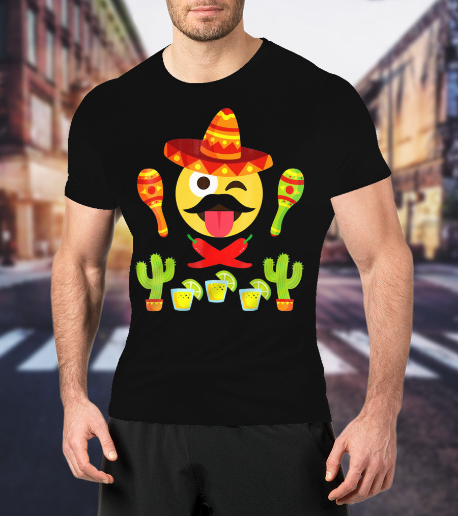 Cinco De Mayo Winking Emoji Sombrero Maracas Cactus Tequila Peppers T-Shirt