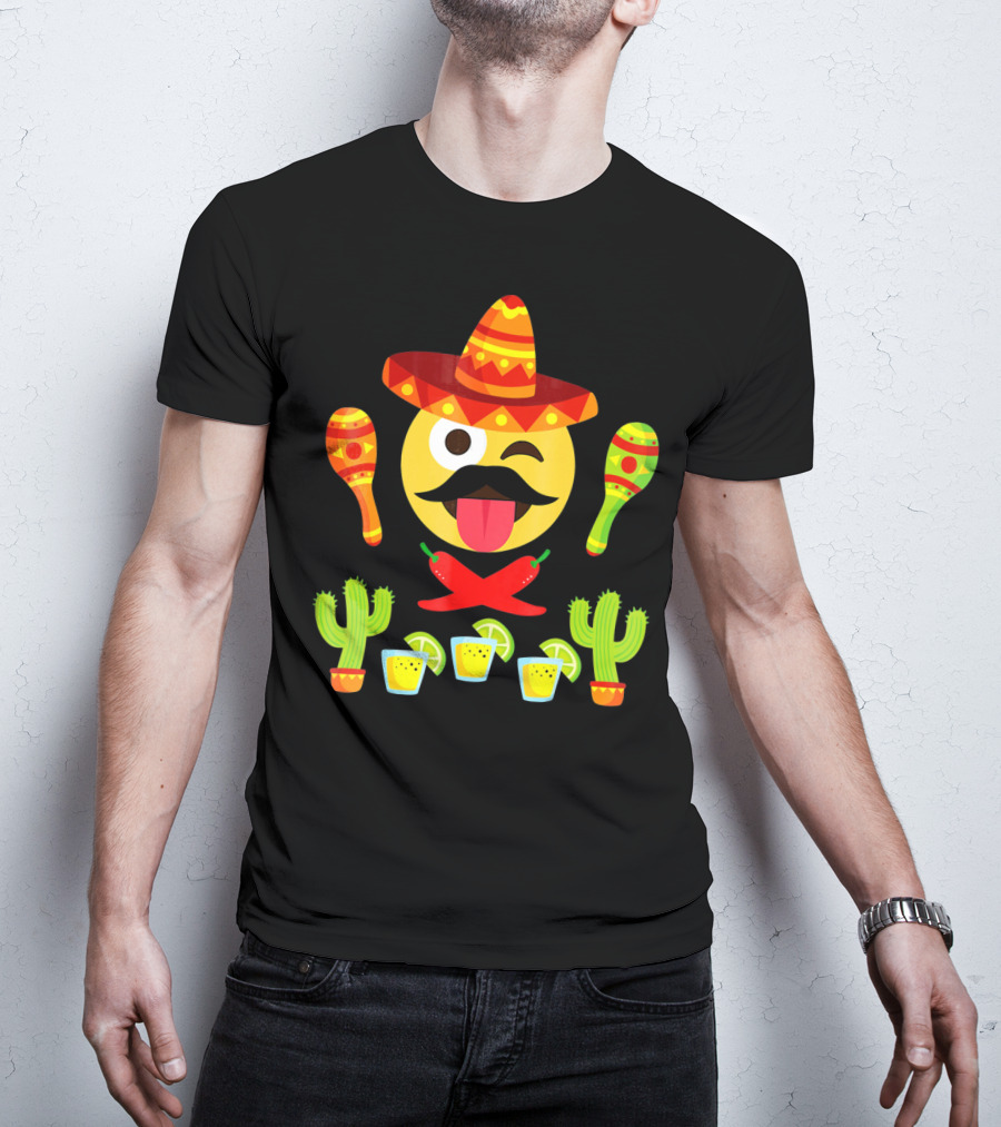 Cinco De Mayo Winking Emoji Sombrero Maracas Cactus Tequila Peppers T-Shirt