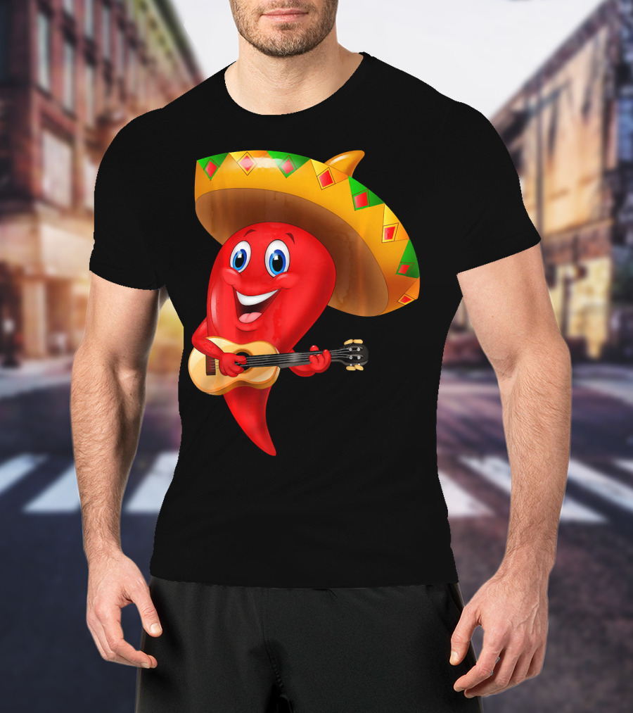 Cute Chili Pepper Wearing Sombrero Playing Guitar Mexico T-Shirt