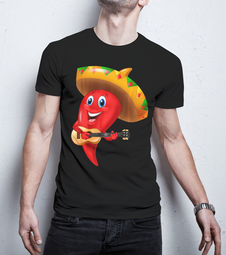 Cute Chili Pepper Wearing Sombrero Playing Guitar Mexico T-Shirt