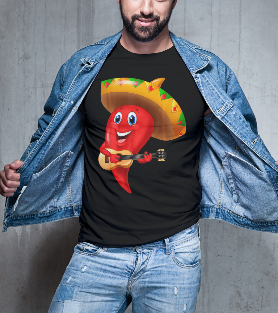 Cute Chili Pepper Wearing Sombrero Playing Guitar Mexico T-Shirt