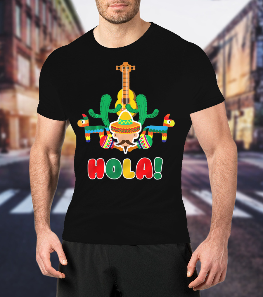 Hola Mexican Sombrero Guitar Cactus Piñata Fiesta T-Shirt