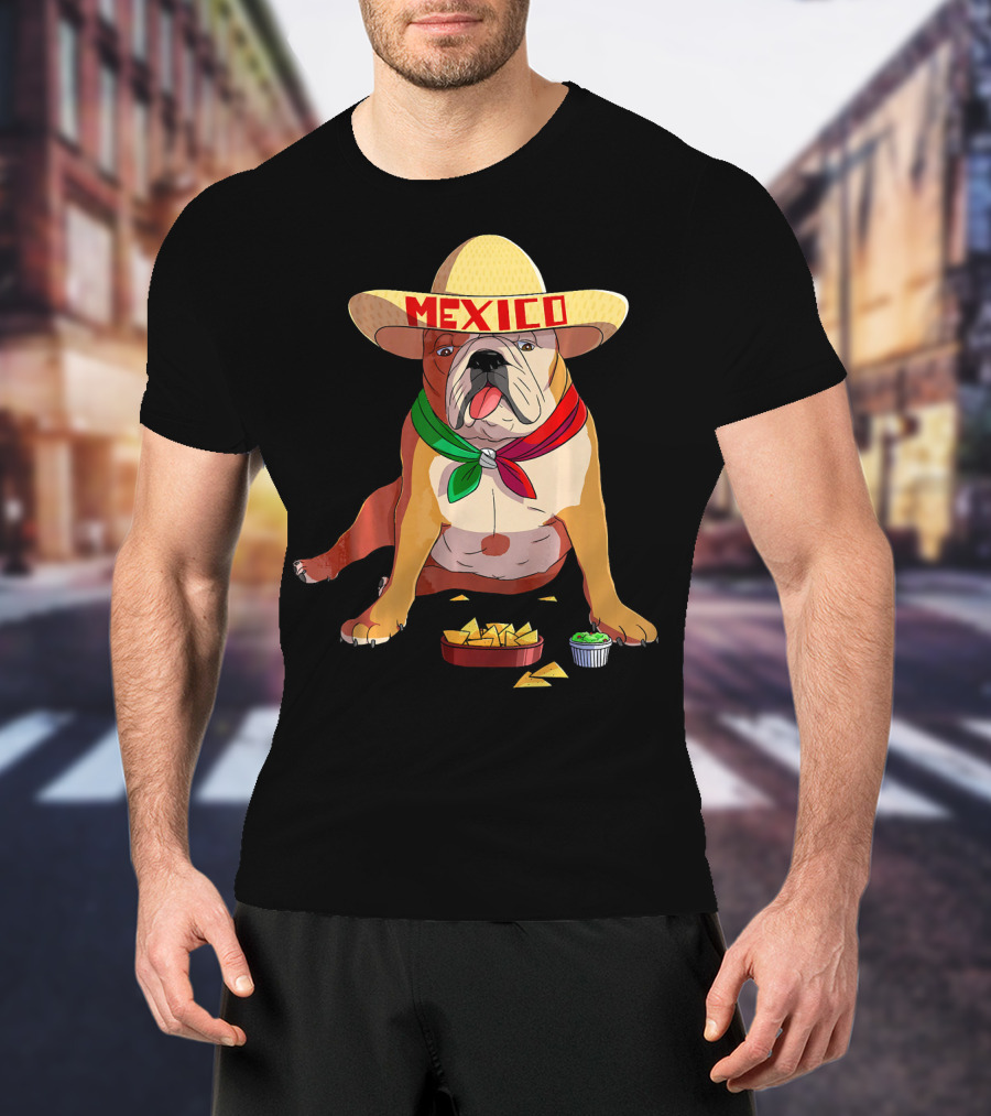 Cinco De Mayo Mexican Bulldog Wearing Sombrero With Chips And Salsa T-Shirt