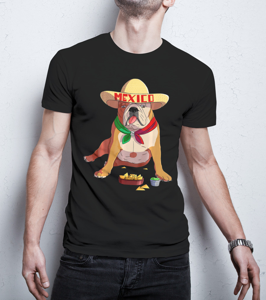 Cinco De Mayo Mexican Bulldog Wearing Sombrero With Chips And Salsa T-Shirt
