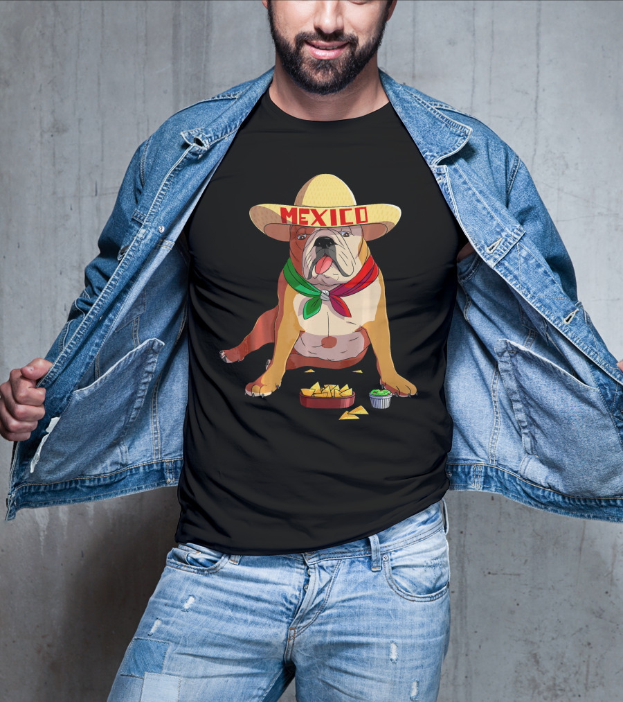 Cinco De Mayo Mexican Bulldog Wearing Sombrero With Chips And Salsa T-Shirt
