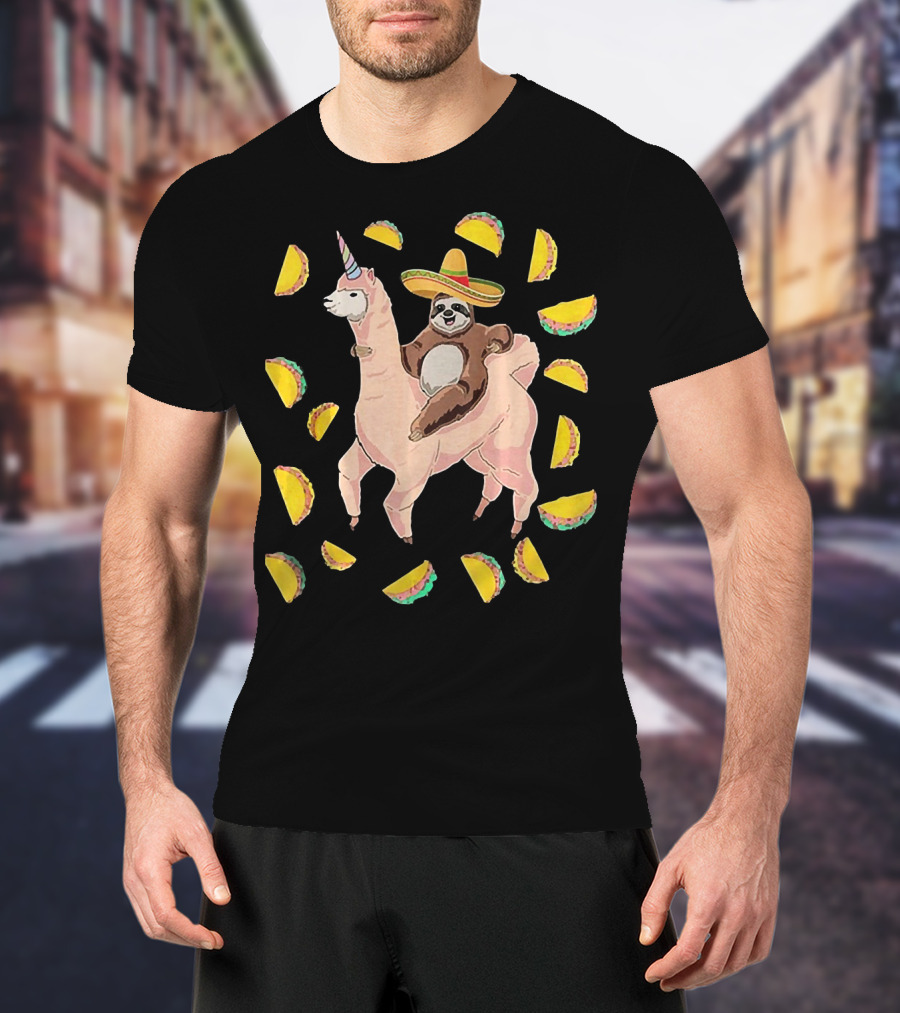Cinco De Mayo Llamacorn With Sombrero-Wearing Sloth Surrounded By Tacos T-Shirt