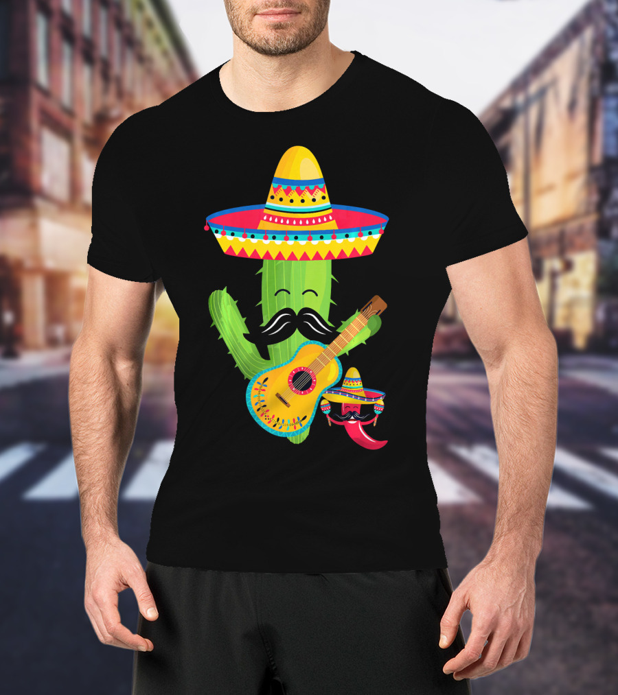 Cute Mustache Cactus With Sombrero Playing Guitar Mexican Fiesta Fun T-Shirt