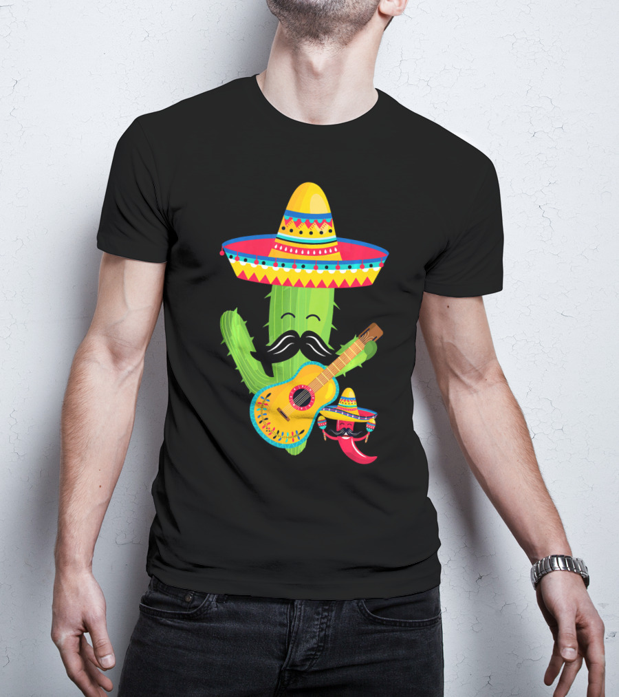 Cute Mustache Cactus With Sombrero Playing Guitar Mexican Fiesta Fun T-Shirt