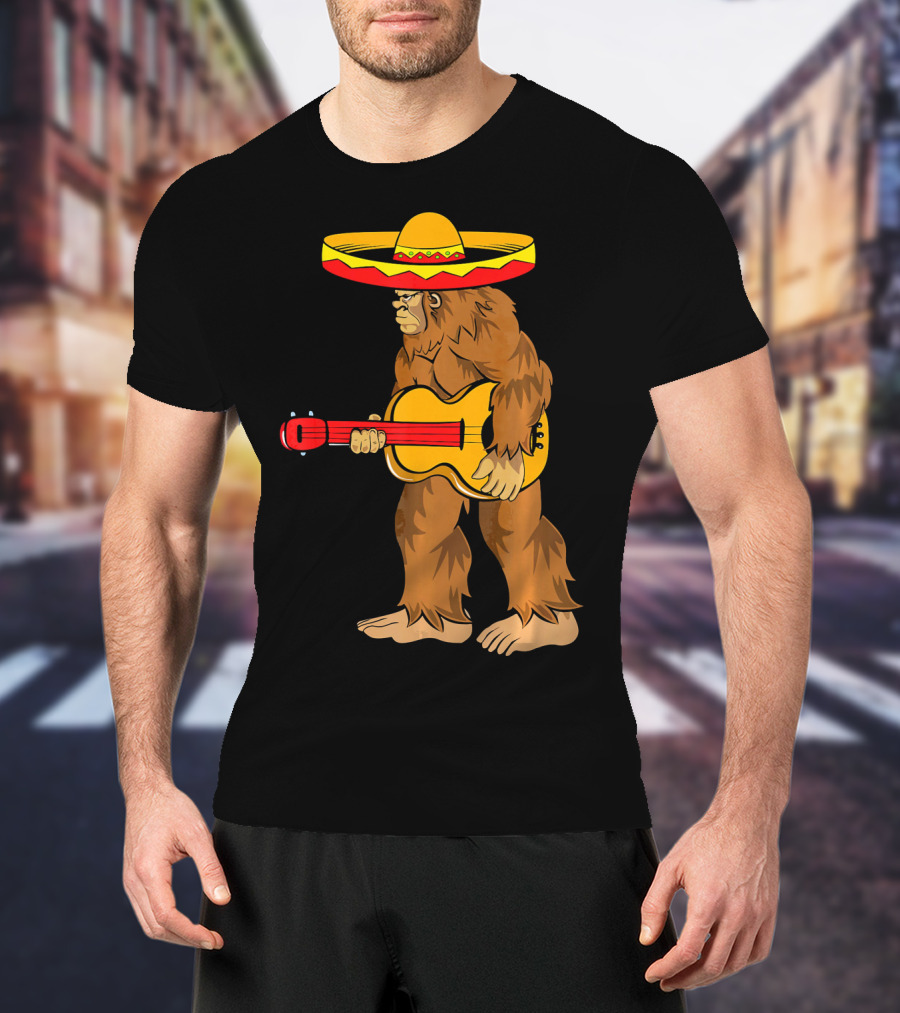 Bigfoot Carrying Guitar Cinco De Mayo Sombrero T-Shirt