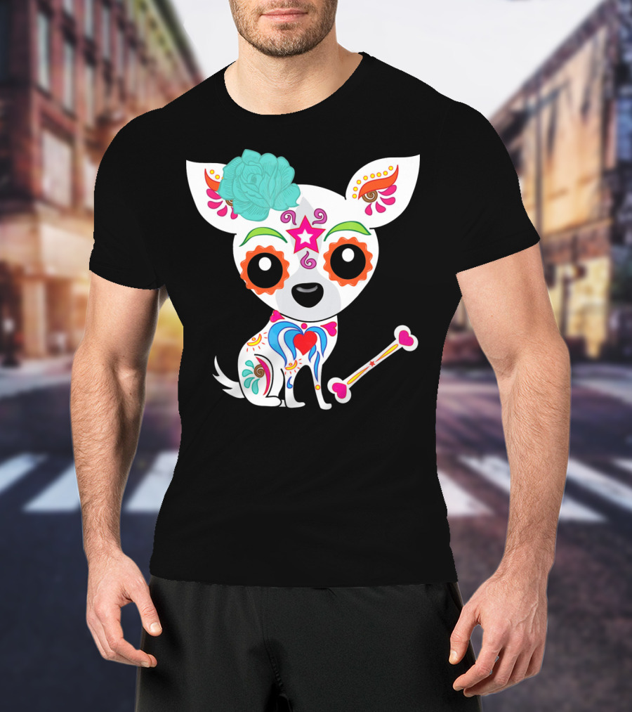 Cinco De Mayo Sugar Skull Chihuahua With Floral Bone And Colorful Flower T-Shirt