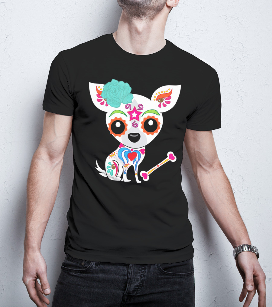 Cinco De Mayo Sugar Skull Chihuahua With Floral Bone And Colorful Flower T-Shirt