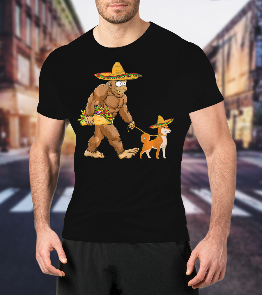 Bigfoot Taco Sombrero Shiba Inu Dog Cinc Walking Cartoon T-Shirt