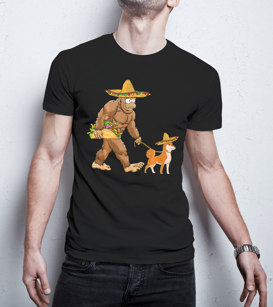 Bigfoot Taco Sombrero Shiba Inu Dog Cinc Walking Cartoon T-Shirt