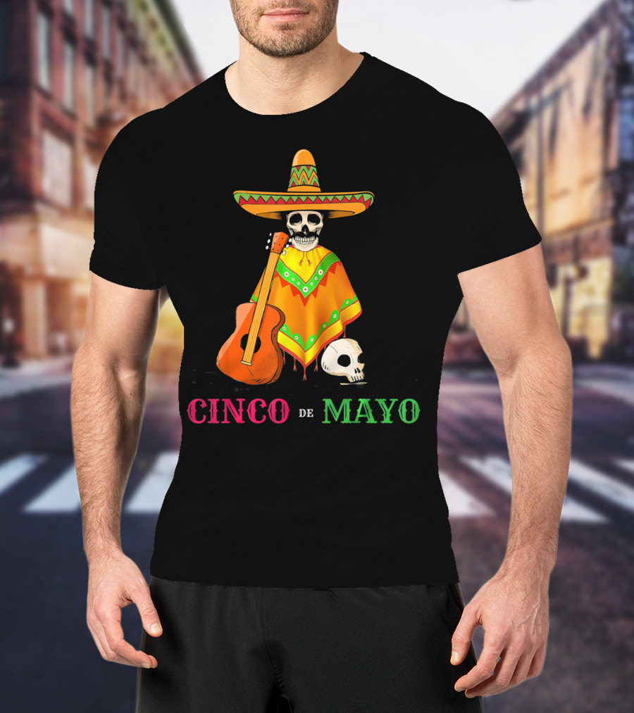 Cinco De Mayo Sombrero Skull Poncho Guitar T-Shirt