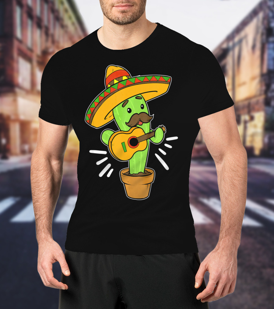 Cinco De Mayo Cactus Playing Guitar With Sombrero T-Shirt
