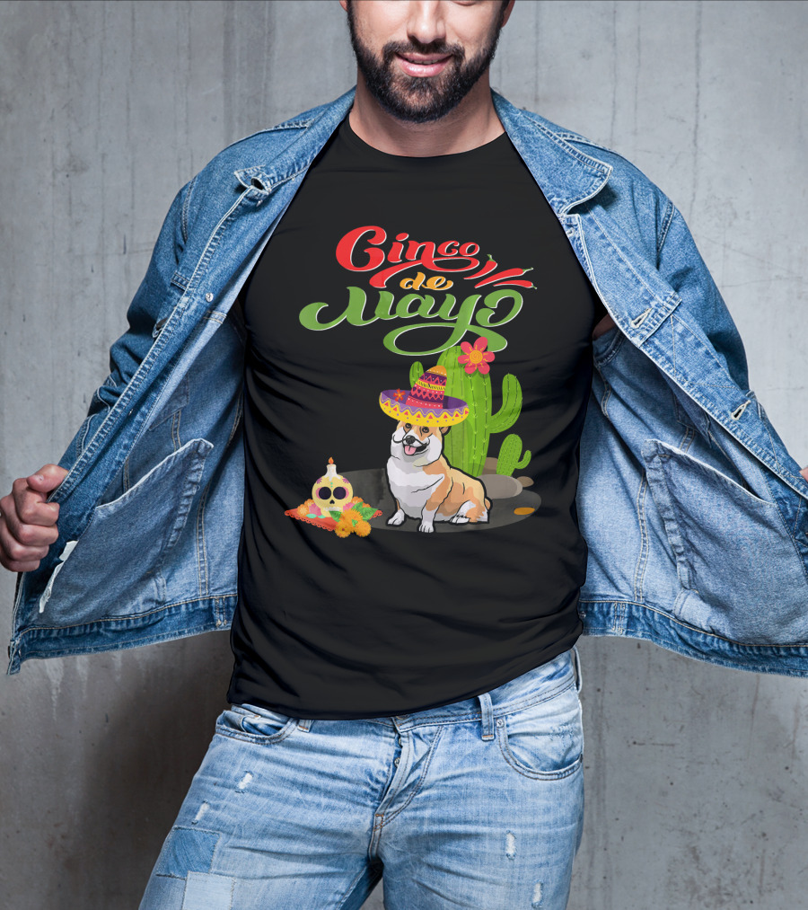 Cinco De Mayo Corgi Dog Fiesta With Sombrero And Cactus T-Shirt