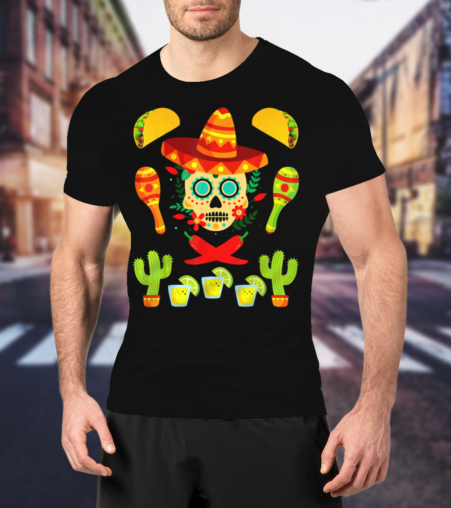 Fiesta Cinco De Mayo Sombrero Cactus Maracas Tacos Skull Peppers Shots Lime T-Shirt