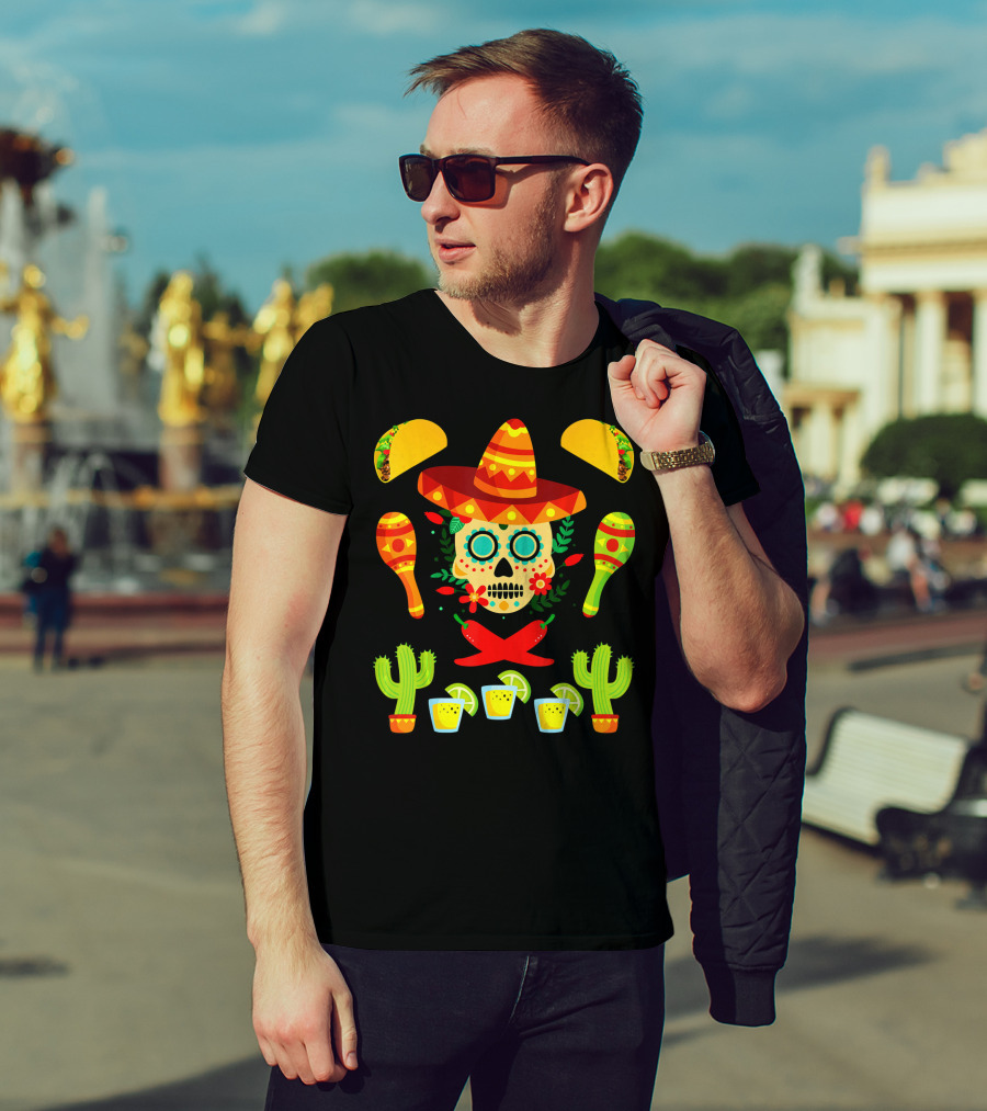 Fiesta Cinco De Mayo Sombrero Cactus Maracas Tacos Skull Peppers Shots Lime T-Shirt