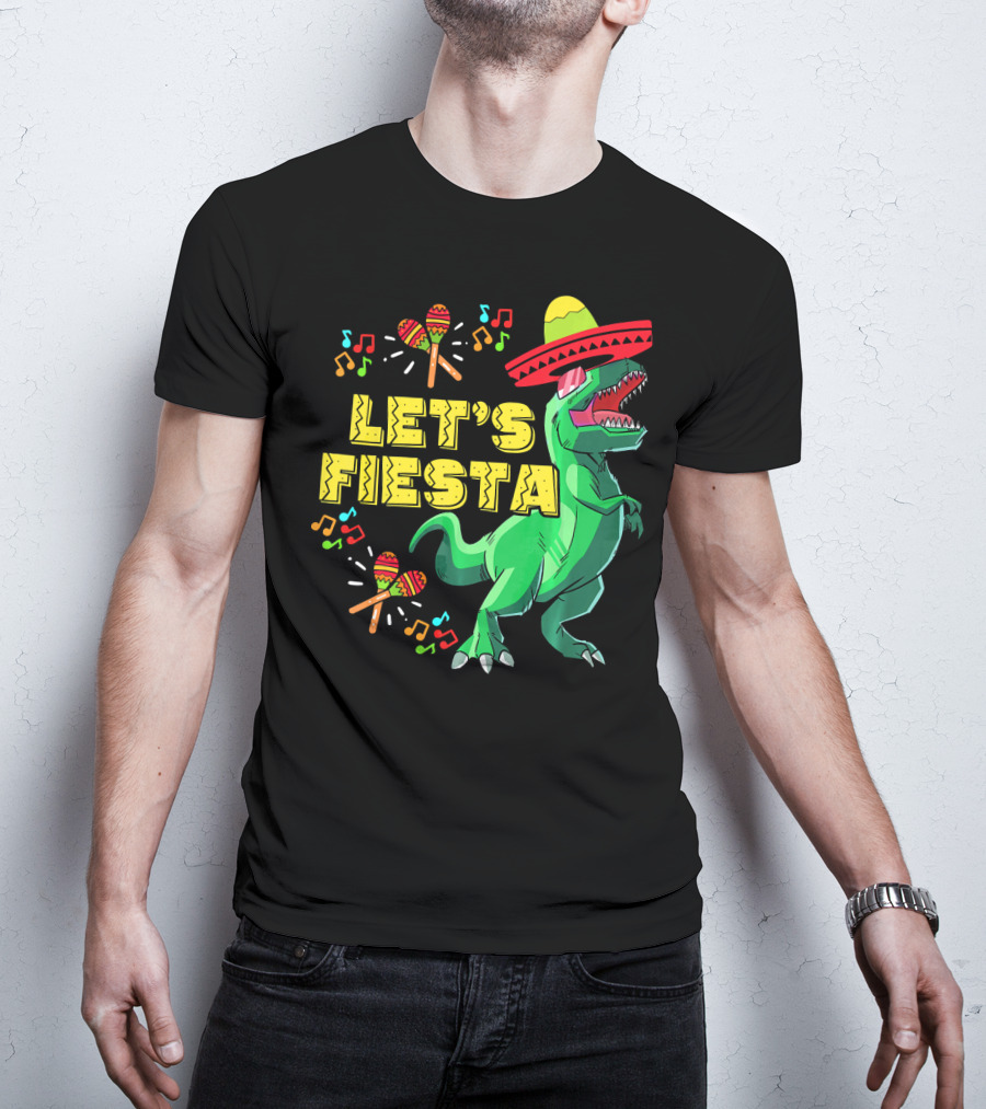Let's Fiesta Cinco De Mayo Dino Sombrero Maracas Music Notes T-Shirt